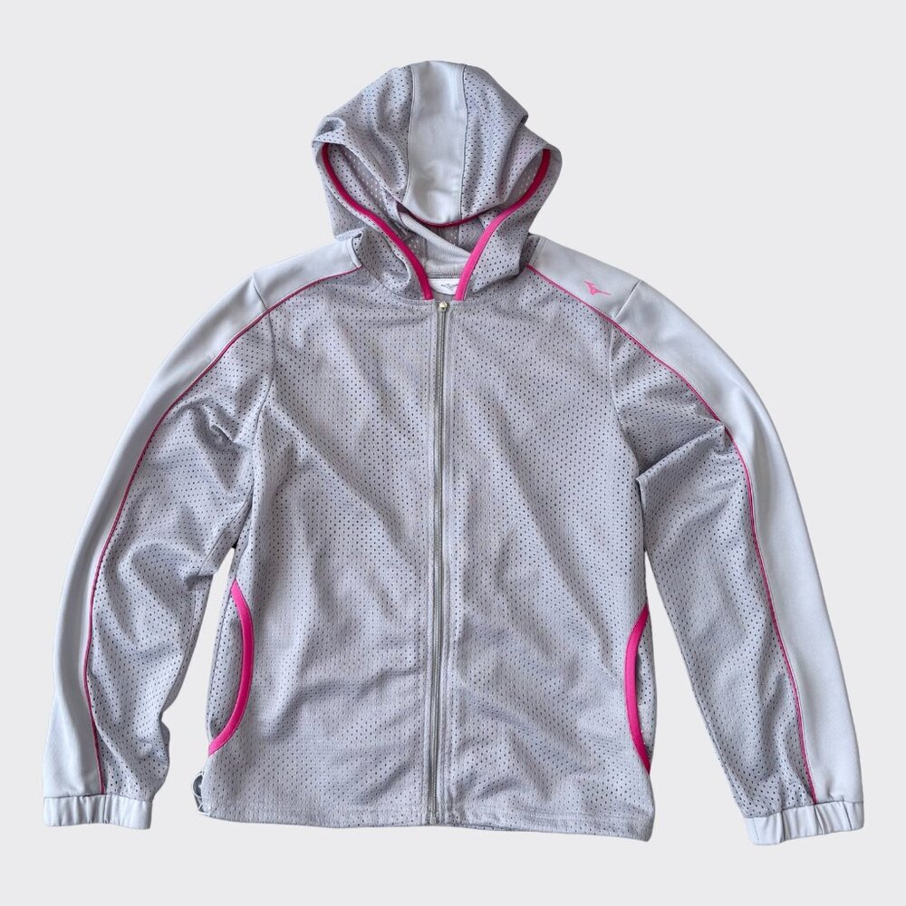 Vintage Mizuno Mesh Zip Up Hoodie Women Japan M (Fits US S) Gray Pink 2000s Y2K